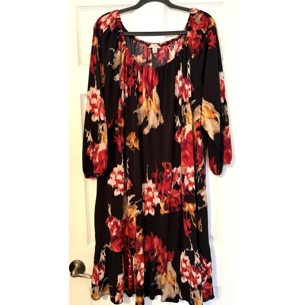 Black Bold Floral Boho Size 3x Dress Ruffle Midi Peasant Rayon Belted Pink Roses